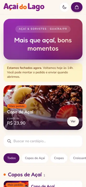 Açaí do Lago: roxo profundo com laranja e letra arredondada.