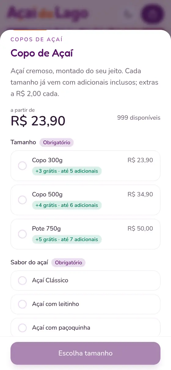 Copo de açaí aberto com os tamanhos 300 g, 500 g e 750 g, cada um mostrando quantos adicionais são de cortesia e qual o limite.