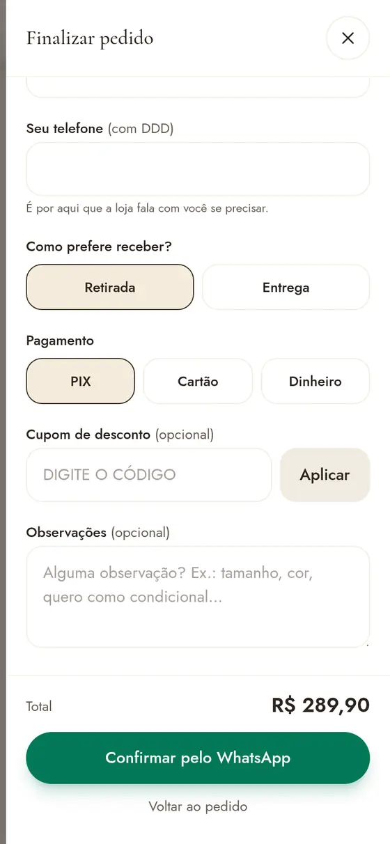 Finalizar pedido na Closet Saith com retirada ou entrega, pagamento e confirmação pelo WhatsApp.