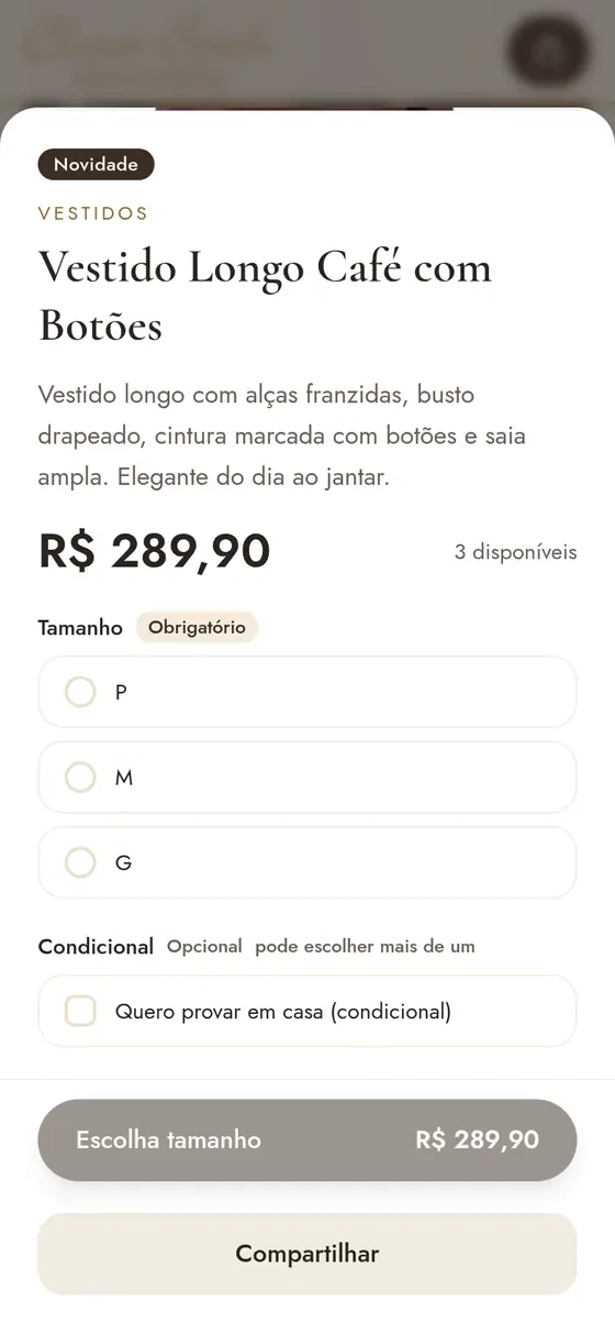Vestido aberto na Closet Saith com escolha obrigatória de tamanho P, M ou G e a opção condicional.