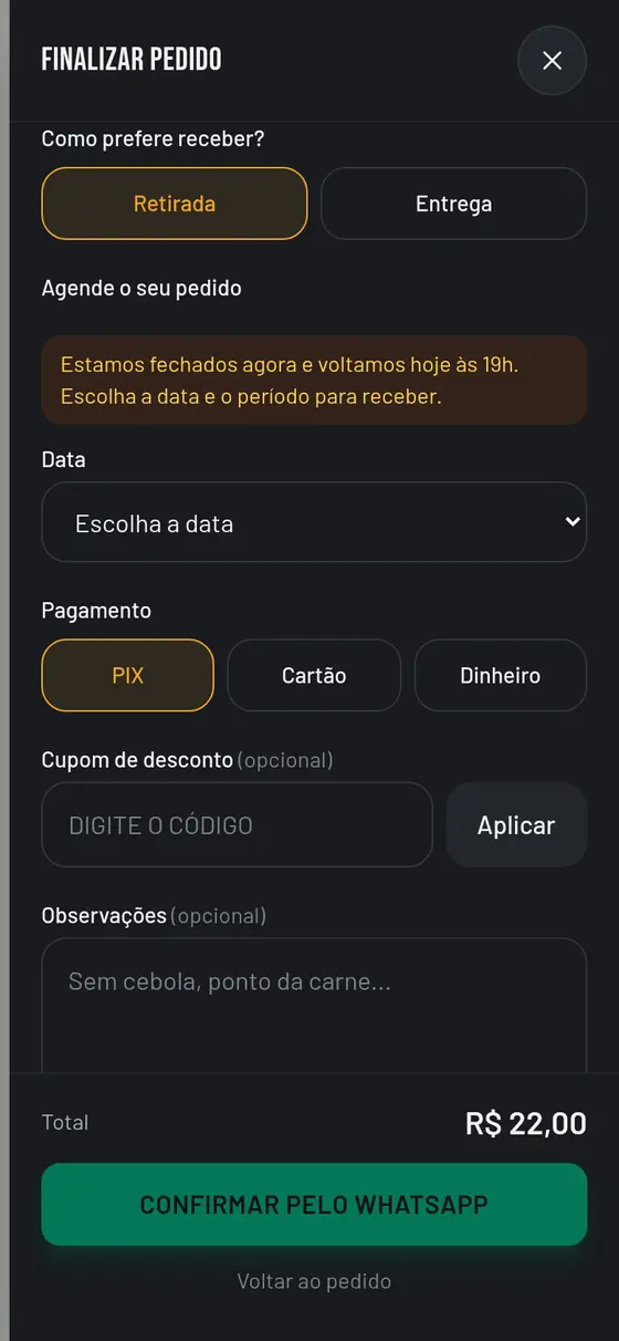 Tela de finalizar pedido da Deck com agendamento, formas de pagamento, cupom e o botão Confirmar pelo WhatsApp.
