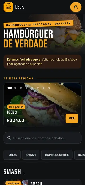 Deck Hamburgueria: tema escuro com amarelo-mostarda e letra condensada.