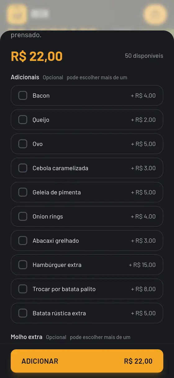 Lanche aberto na Deck com a lista de adicionais e o preço de cada um ao lado.
