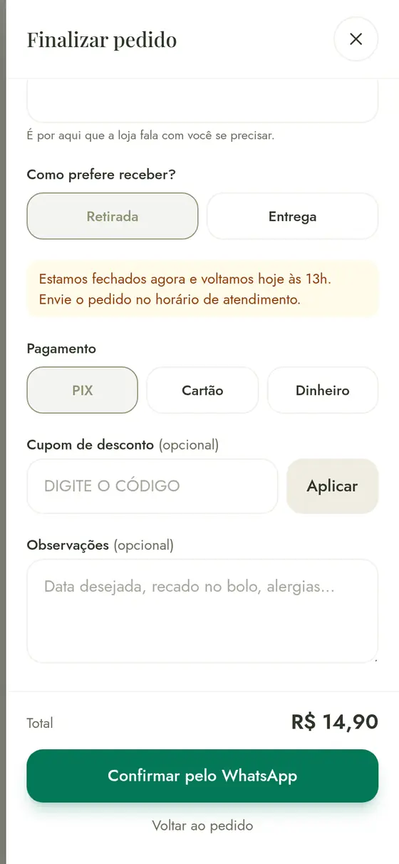 Finalizar pedido na Doce Bolo: retirada ou entrega, Pix, cartão ou dinheiro, cupom e observações.