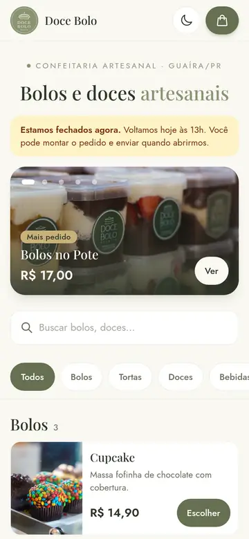 Doce Bolo Doceria: verde sálvia, creme e tipografia serifada.