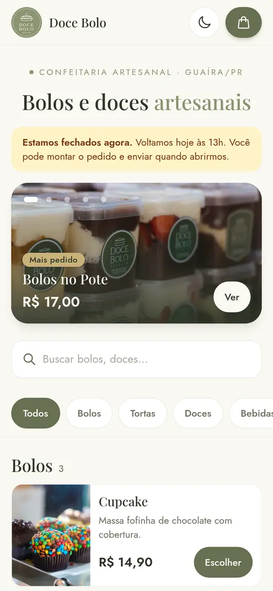 Home da Doce Bolo Doceria com destaque, busca e as categorias de bolos, tortas e doces.