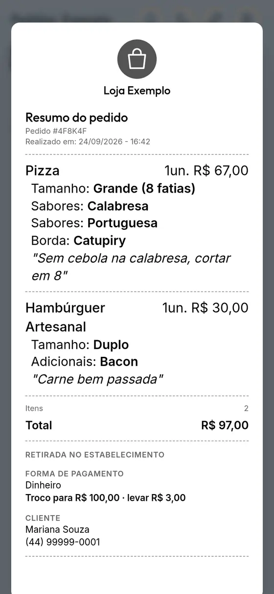 Comanda impressa do pedido com itens e escolhas (dados fictícios)