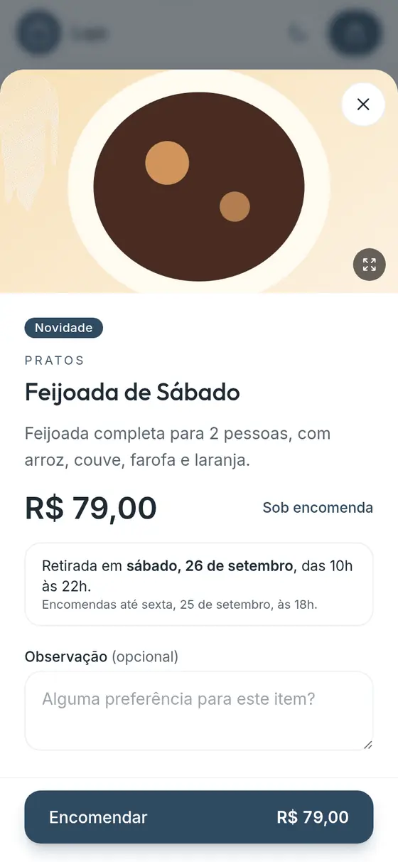 Produto sob encomenda com data de retirada e botão de encomendar (loja de exemplo)