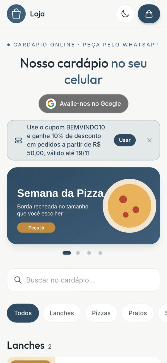 Topo de uma loja com carrossel de banners, faixa de cupom, botão de avaliação no Google e busca (loja de exemplo)