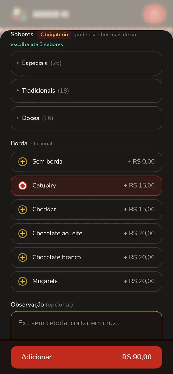 Na Garagem 85, as seções de sabores fechadas, a borda com o preço do tamanho Grande e o campo de observação da pizza.