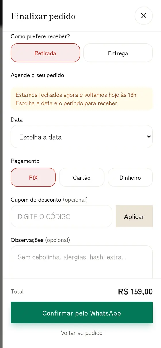 Finalizar pedido na Kodawari com agendamento, pagamento, cupom e confirmação pelo WhatsApp.