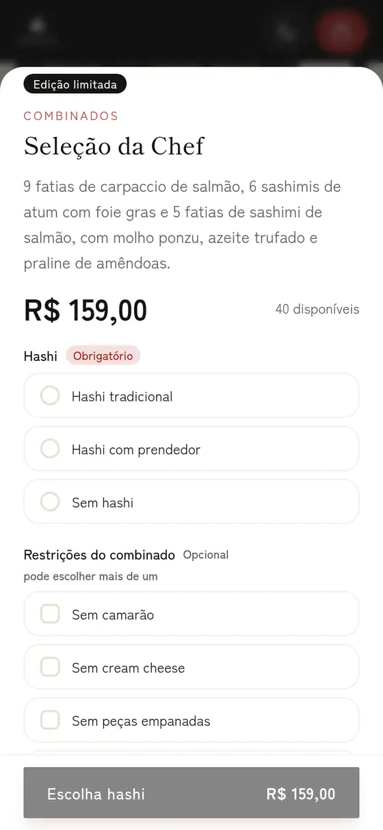 Item aberto na Kodawari com os grupos de escolha do combinado.