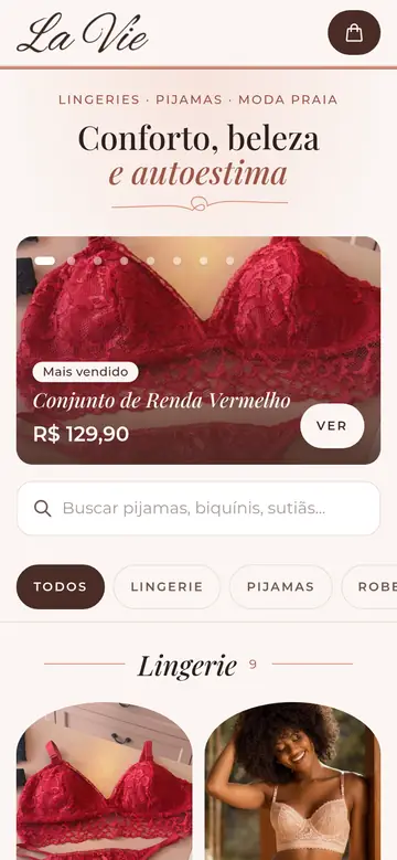 La Vie: rosa claro, marrom e caligrafia fina.