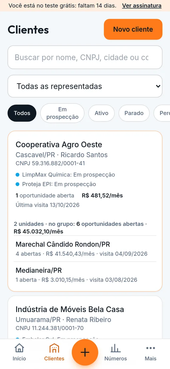 Lista de clientes do Prospect com a situação em cada empresa representada (dados de exemplo)