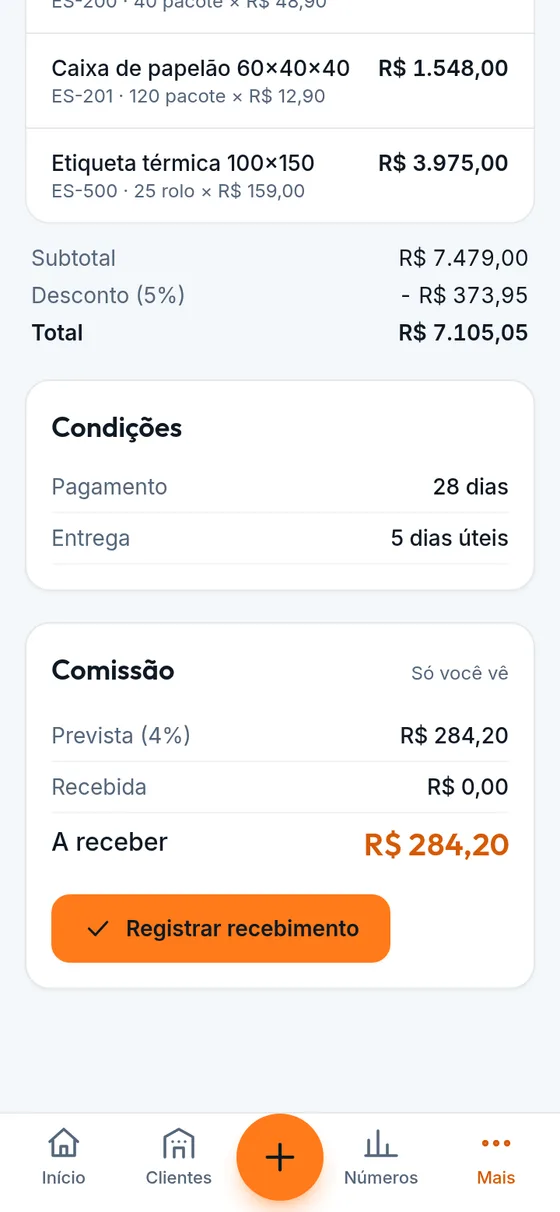 Tela de um pedido faturado com a comissão prevista, recebida e a receber (dados de exemplo)