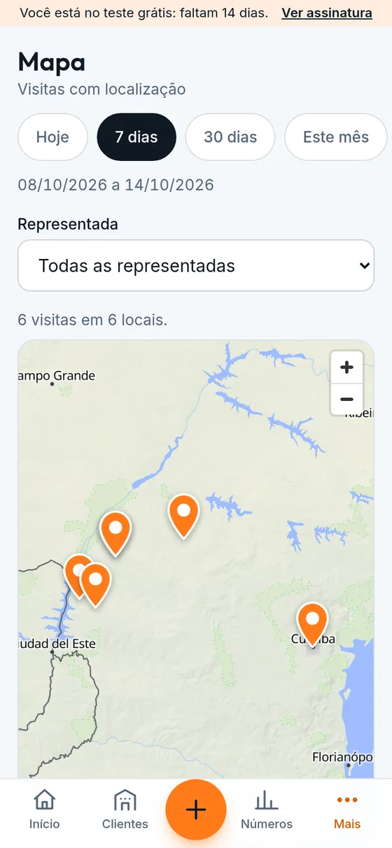 Mapa do Prospect com as visitas marcadas (dados de exemplo)