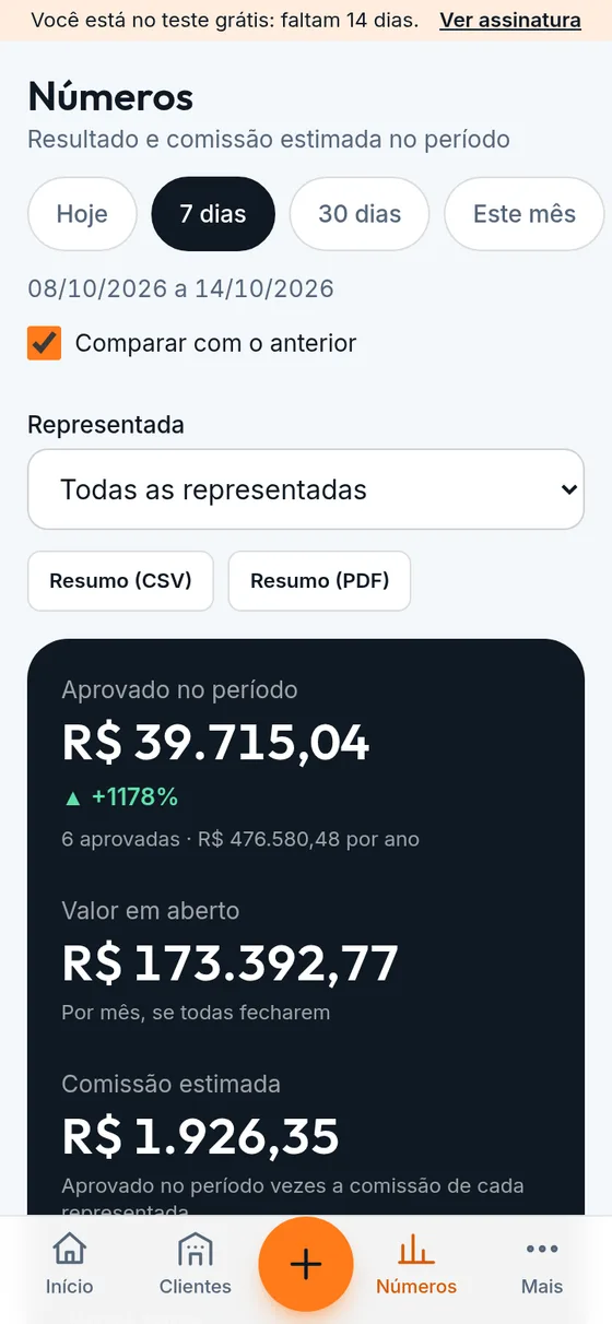 Tela Números com o valor aprovado, em aberto e a comissão estimada (dados de exemplo)