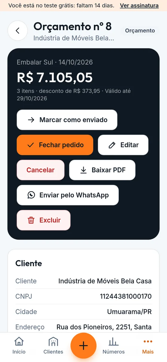Tela de um orçamento com valor, desconto e botões de PDF e WhatsApp (dados de exemplo)