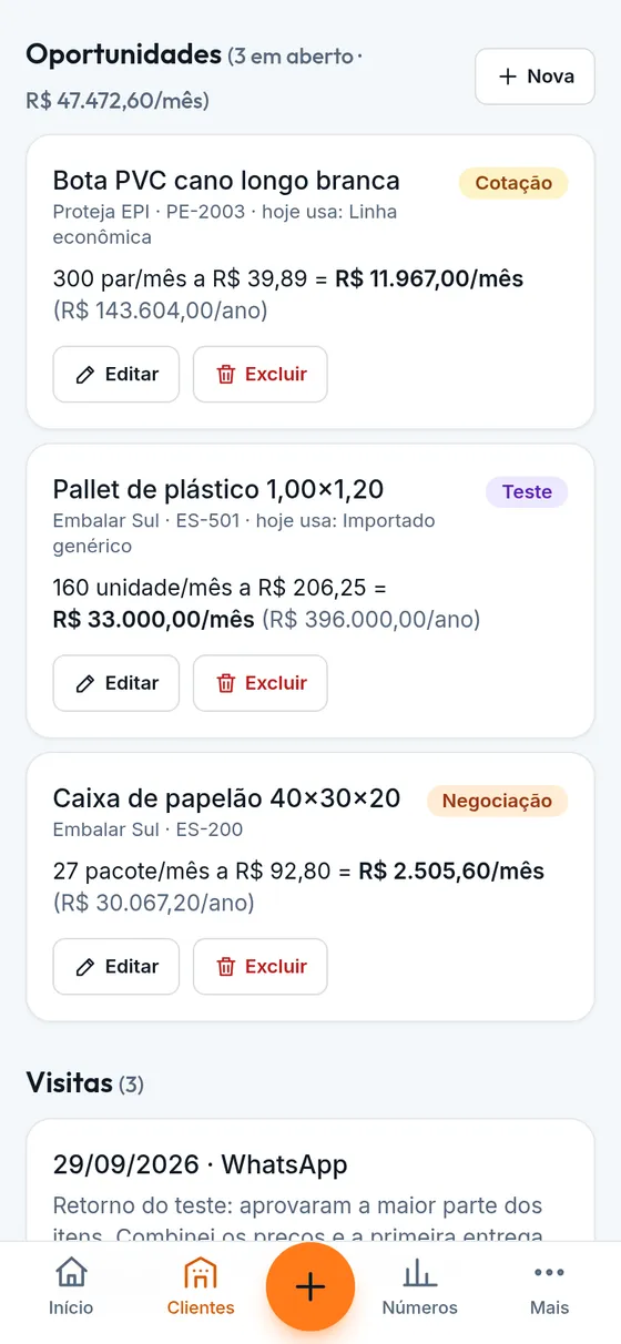 Oportunidades de um cliente no Prospect: produtos em cotação, teste e negociação, com quantidade e valor mensal.