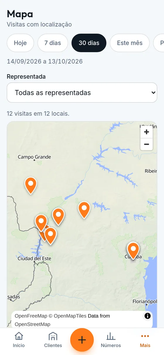 Mapa do Prospect com os pinos das visitas do período.
