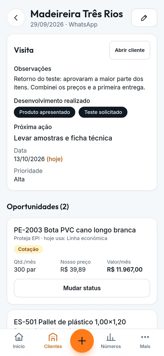 Detalhe de uma visita no Prospect: observações, desenvolvimento realizado, próxima ação com data e prioridade.